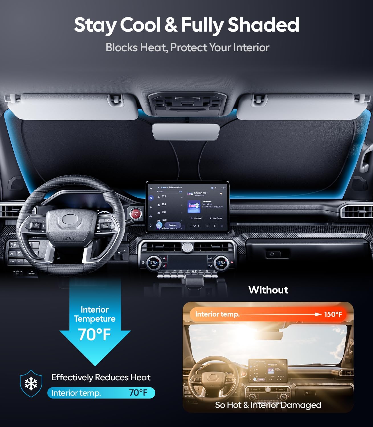 Wigoo Tesla New Model Y Accessories Windshield Sunshade [OEM Design, 100% Sun Blockage] Foldable Heat Insulation Sunshade with Storage Bag, for Model Y 2020~2026 (Juniper), Silver Coating - Colors A