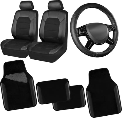 CAR PASS Waterproof Universal Fit Car Floor Mats, Faux Leather Car Carpet Mats, Black Car Mats with Anti-Slip Nibbs Backing & Driver Heel Pad Fit for SUV,Vans,sedans, Trucks,Set of 4pcs(All Black)