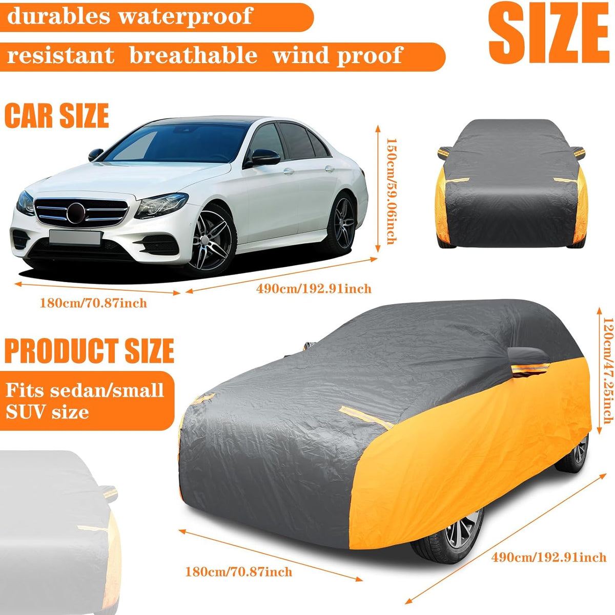 Riakrum Full Car Cover Waterproof All Weather for Automobiles Windproof Cover Rain UV Protection Sun Scratch Resistant Outdoor Universal(Fit Sedan Length (185-193'') 70'' H,Black, Orange)