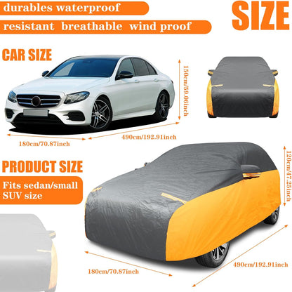 Riakrum Full Car Cover Waterproof All Weather for Automobiles Windproof Cover Rain UV Protection Sun Scratch Resistant Outdoor Universal(Fit Sedan Length (185-193'') 70'' H,Black, Orange)