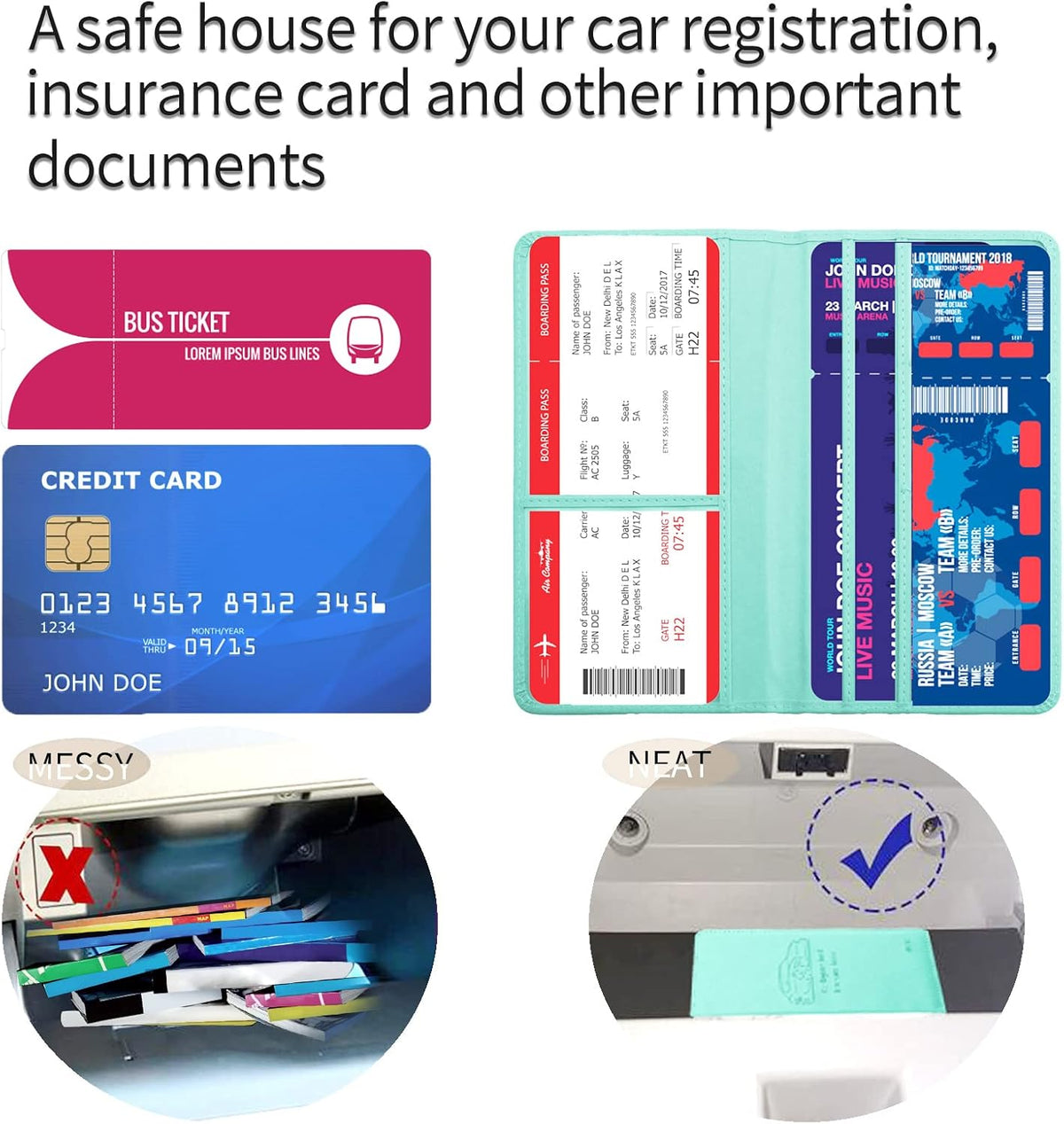 Car Registration and Insurance Card Holder - Leather Vehicle Glove Box Automobile Documents Paperwork Wallet Case Organizer for ID, Driver's License, Key, Cards - Car Accessories for Women&Men