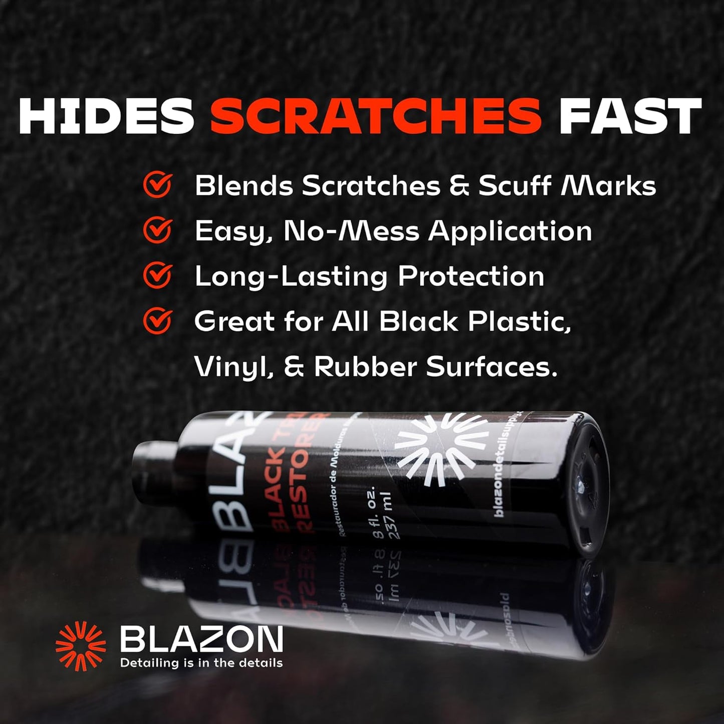 BLAZON Black Trim Restorer – Dye-Infused Plastic Restorer for Faded Exterior Trim, Deep Black Finish, Scratch Correction, Long-Lasting Durability & UV Protection - 8 oz
