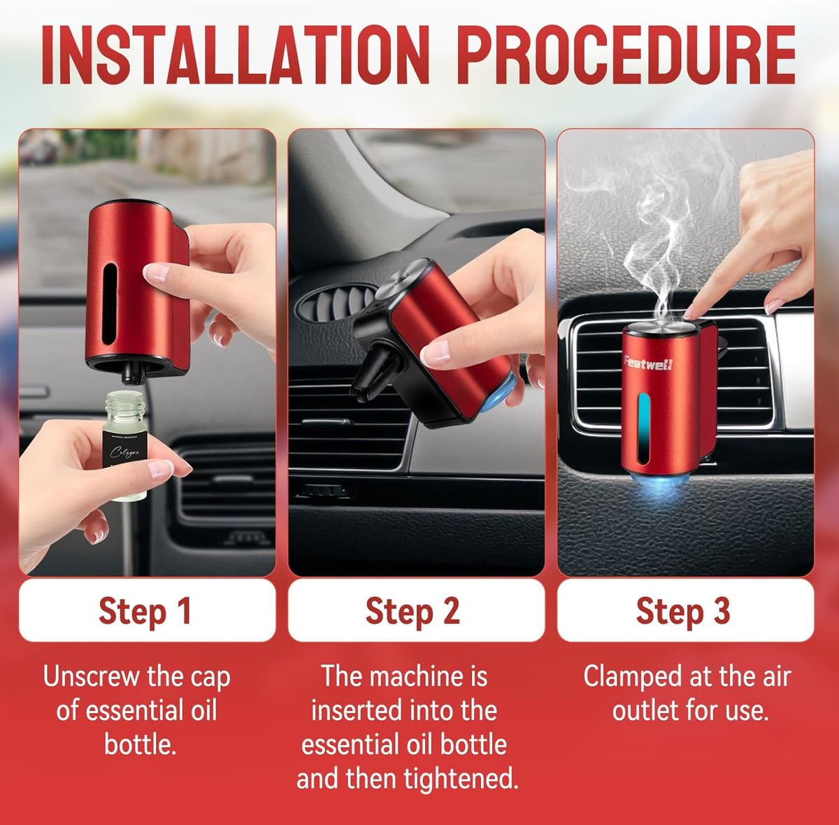 Featwell Car Air Freshener, Three Adjustable Modes Intelligent Car Aroma Diffuser, Rechargeable Car Aroma Diffuser, Black