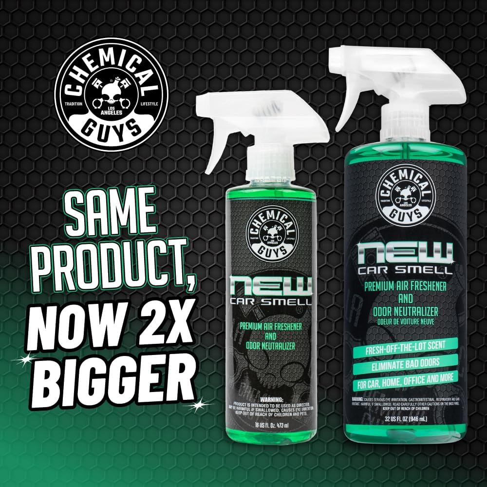 Chemical Guys New Car Smell Air Freshener and Premium Odor Eliminator Refreshes & Neutralizes Odors, Great Car Fresheners for Trucks, SUVs, RVs, and More - 16 Fl Oz (Pack of 2)