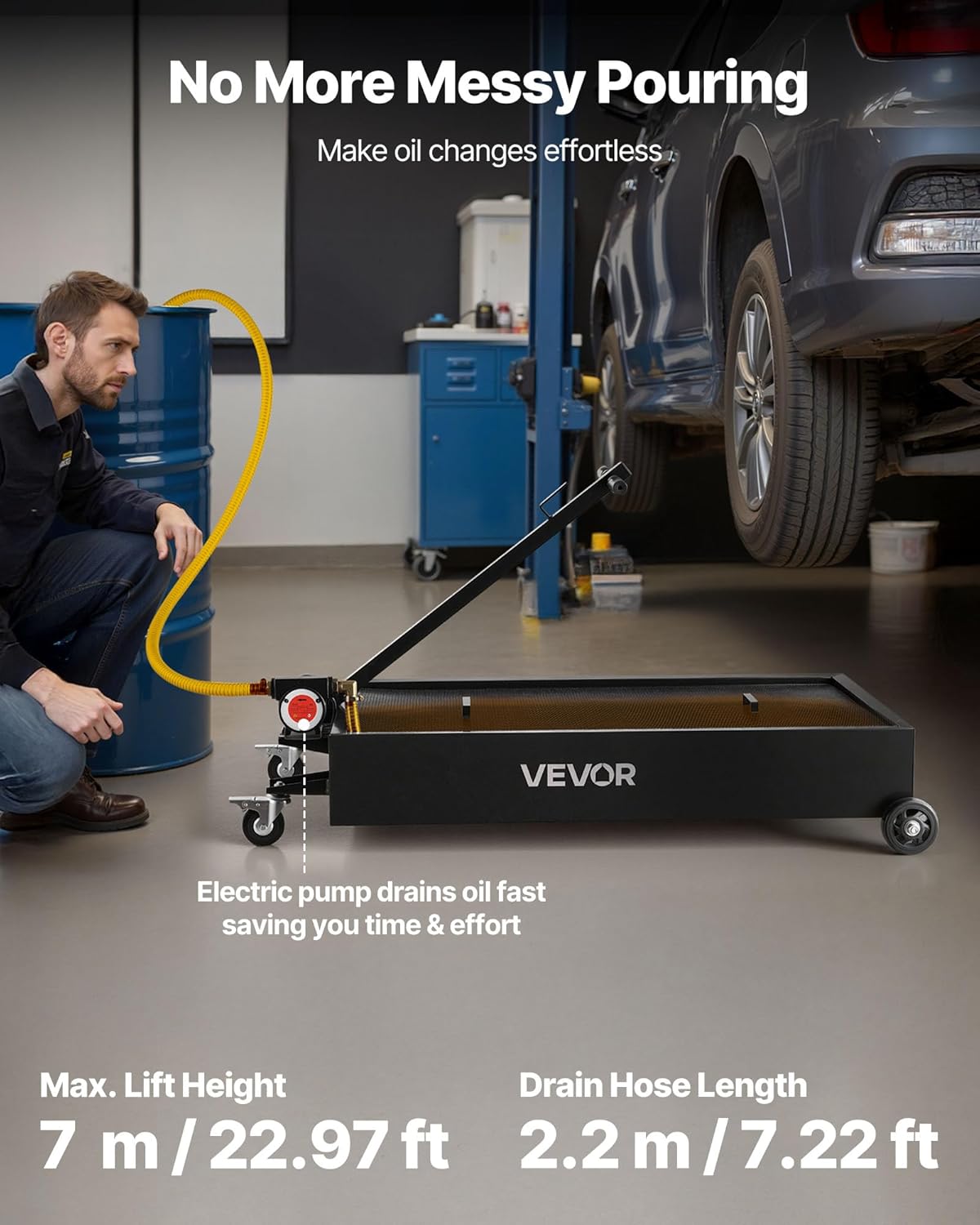 VEVOR Low Profile Oil Drain Pan, 15 Gallon Capacity, Rolling Oil Drain Pan with Electric Pump & 7.2 ft Hose, Leak-Proof & Corrosion-Resistant, Fit for Cars, SUVs, Trucks, Motorcycles, ATVs, Metal