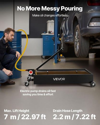 VEVOR Low Profile Oil Drain Pan, 15 Gallon Capacity, Rolling Oil Drain Pan with Electric Pump & 7.2 ft Hose, Leak-Proof & Corrosion-Resistant, Fit for Cars, SUVs, Trucks, Motorcycles, ATVs, Metal