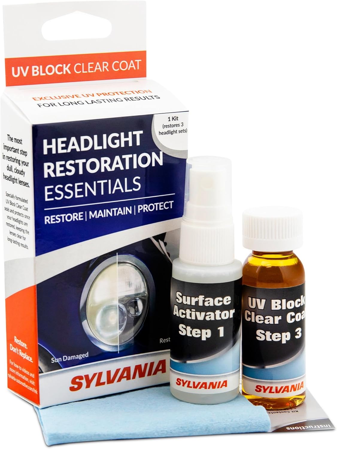 SYLVANIA Headlight Restoration Kit - Long-Lasting Headlight Repair Kit for Restoring to Like-New Condition - Surface Activator, Exclusive UV Coating, Clarifying Compound & More - No Tools Required