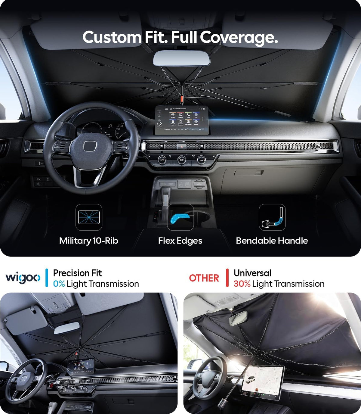 Wigoo Windshield Sun Shade Umbrella for Tesla Model Y [100% Sun Blockage, Ice Cooling Fabric] Foldable Heat Insulation Front Window Sunshade Umbrella for Tesla Model Y 2020–2026 (Juniper)