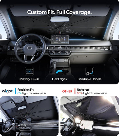 Wigoo Windshield Sun Shade Umbrella for Tesla Model Y [100% Sun Blockage, Ice Cooling Fabric] Foldable Heat Insulation Front Window Sunshade Umbrella for Tesla Model Y 2020–2026 (Juniper)