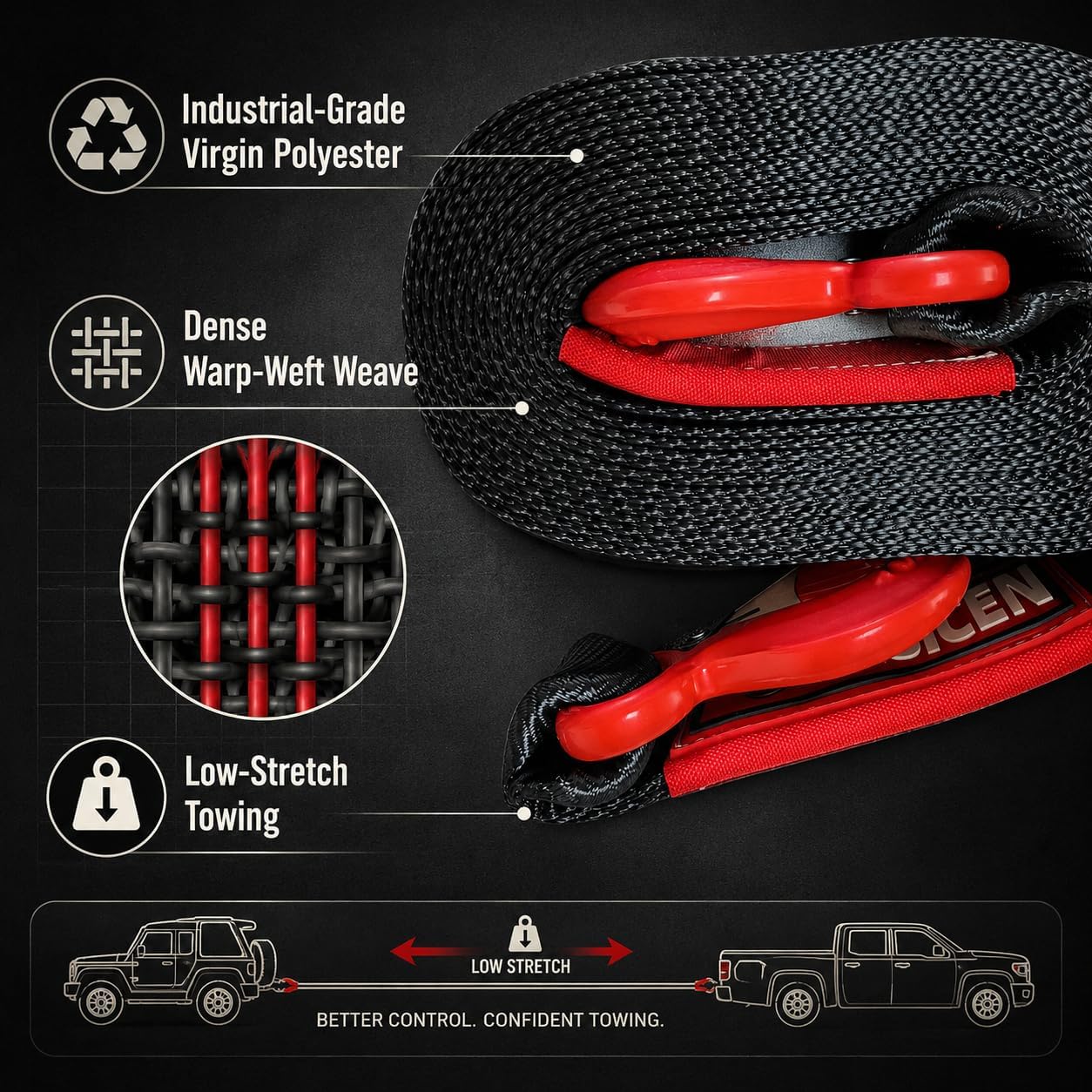 Tow Strap with Hooks 2 Inch x 20 Foot - 15,216 lbs Breaking Strength Emergency Heavy Duty Capacity Tow Rope Forged Steel Hooks for Car Truck Jeep ATV SUV, Roadside Recovery (Black, 2" x 20')