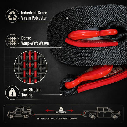 Tow Strap with Hooks 2 Inch x 20 Foot - 15,216 lbs Breaking Strength Emergency Heavy Duty Capacity Tow Rope Forged Steel Hooks for Car Truck Jeep ATV SUV, Roadside Recovery (Black, 2" x 20')