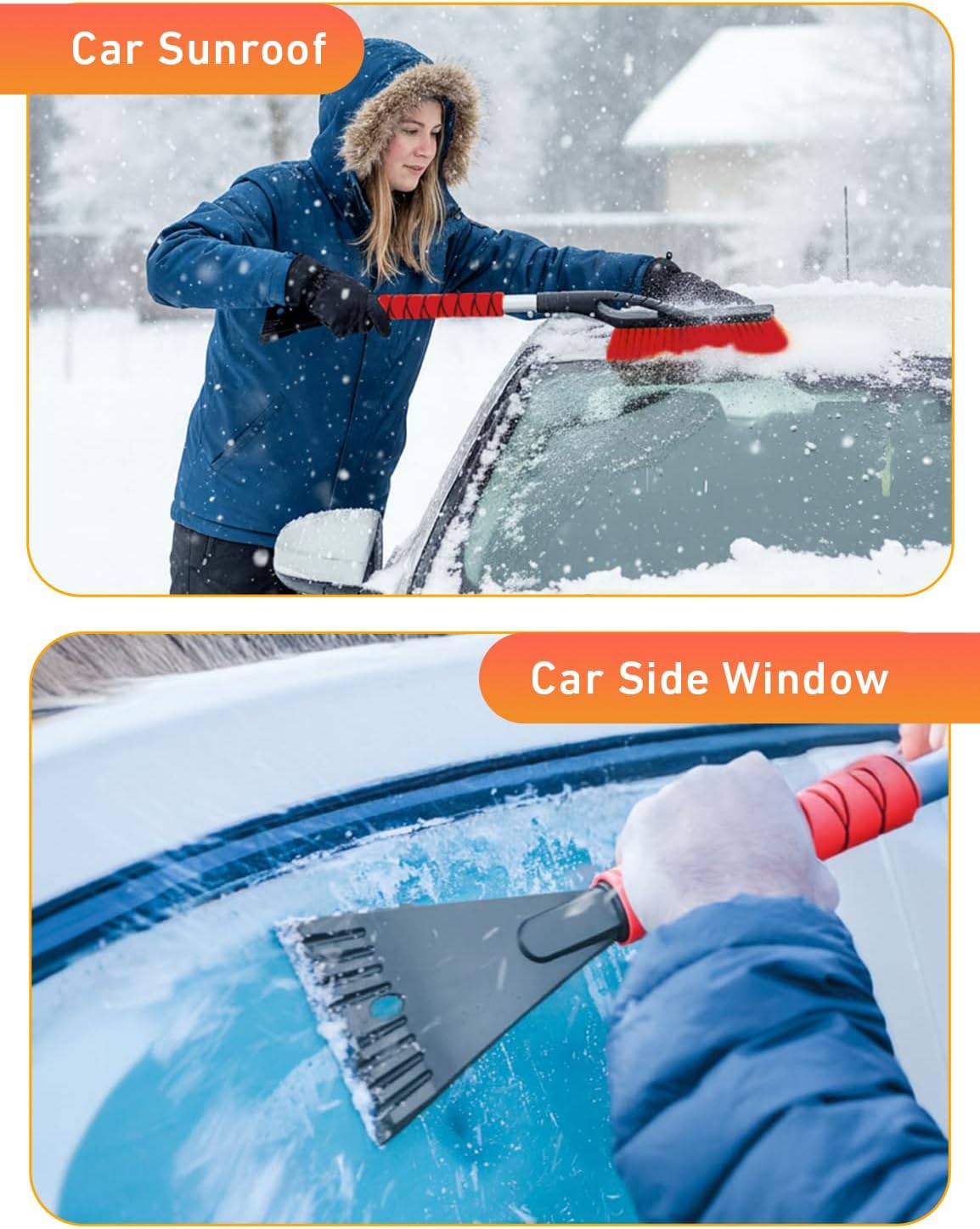 EcoNour 27" Car Snow Brush and Ice Scrapers for Car Windshield (2 Pack) | Scratch Free Bristle Head Snow Brush & Tough Window Snow Scraper with Aluminium Body | Snow Removal Winter Car Accessories