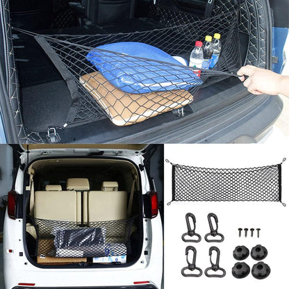 Car Rear Cargo Net, Universal Adjustable Elastic Trunk Cargo Storage Organizer Net Compatible for SUV, Jeep, Truck, Storage Nylon Mesh Double-Layer with Hooks (35.4 x 15.7 Inch)