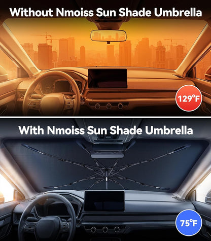[Upgraded] Nmoiss Windshield Sun Shade Umbrella - [Vinyl Coating Heat Shield] Protect Car from Sun Rays & Heat Damage Keep Cool and Protect Interior, Spring Structure Edge Medium 56" L x 31" W