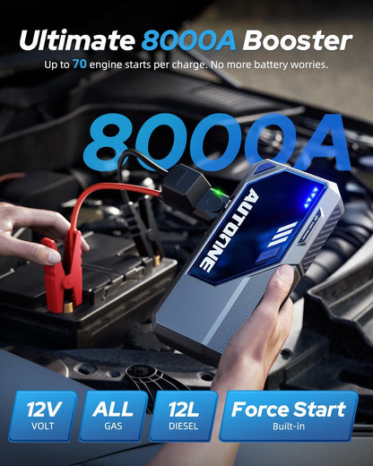 AUTOONE 6000A Car Battery Jump Starter Up to All Gas & 12L Diesel Engine, Car Battery Jumper Starter Portable 12V Jump Box with USB Output, Storage Case, LED Flashlight