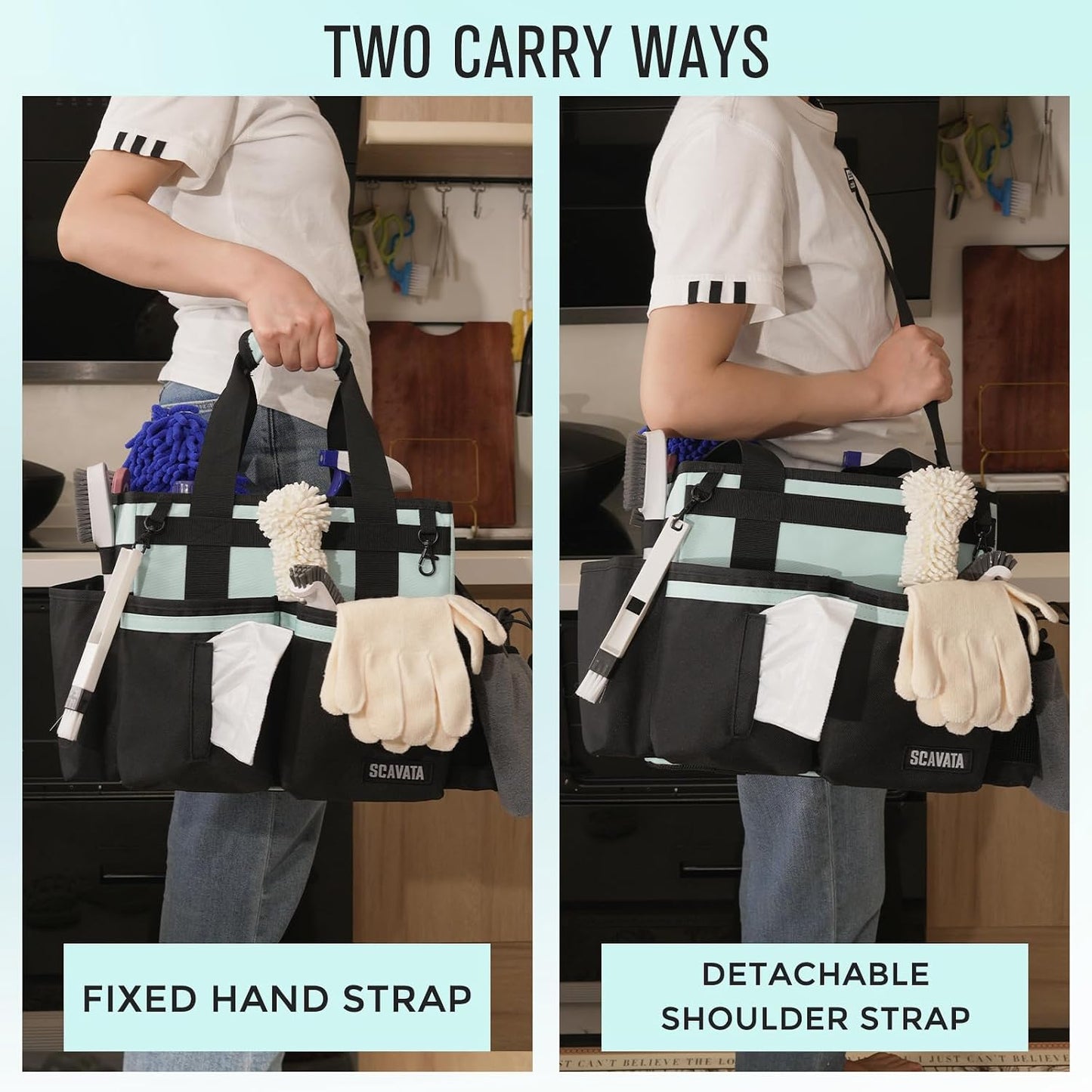 SCAVATA Compact Wearable Cleaning Caddy, Small Supplies Organizer with Handle & Shoulder Straps for Housekeepers, Under Sink & Car Cleaning Tool Organizer Bag (Black)