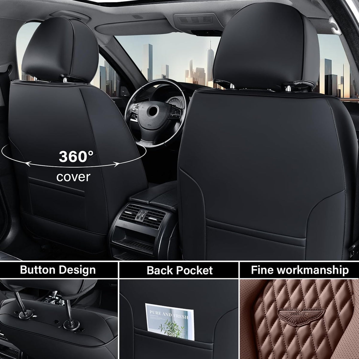 Coverado Seat Covers, Car Seat Covers Full Set, Black Car Seat Cover, Car Seat Covers Front Seats Back Seat Cover, Waterproof Car Seat Cushion, Leather Seat Covers Seat Protector Fit for Most Cars