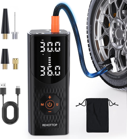 REHOTTOP Tire Inflator Portable Air Compressor, 160 PSI Cordless Air Pump for Car Tires with Digital Pressure Gauge, LED Light & Auto Shut-Off, 5X Fast Inflation for Car, Motorcycle, Bicycle, Ball