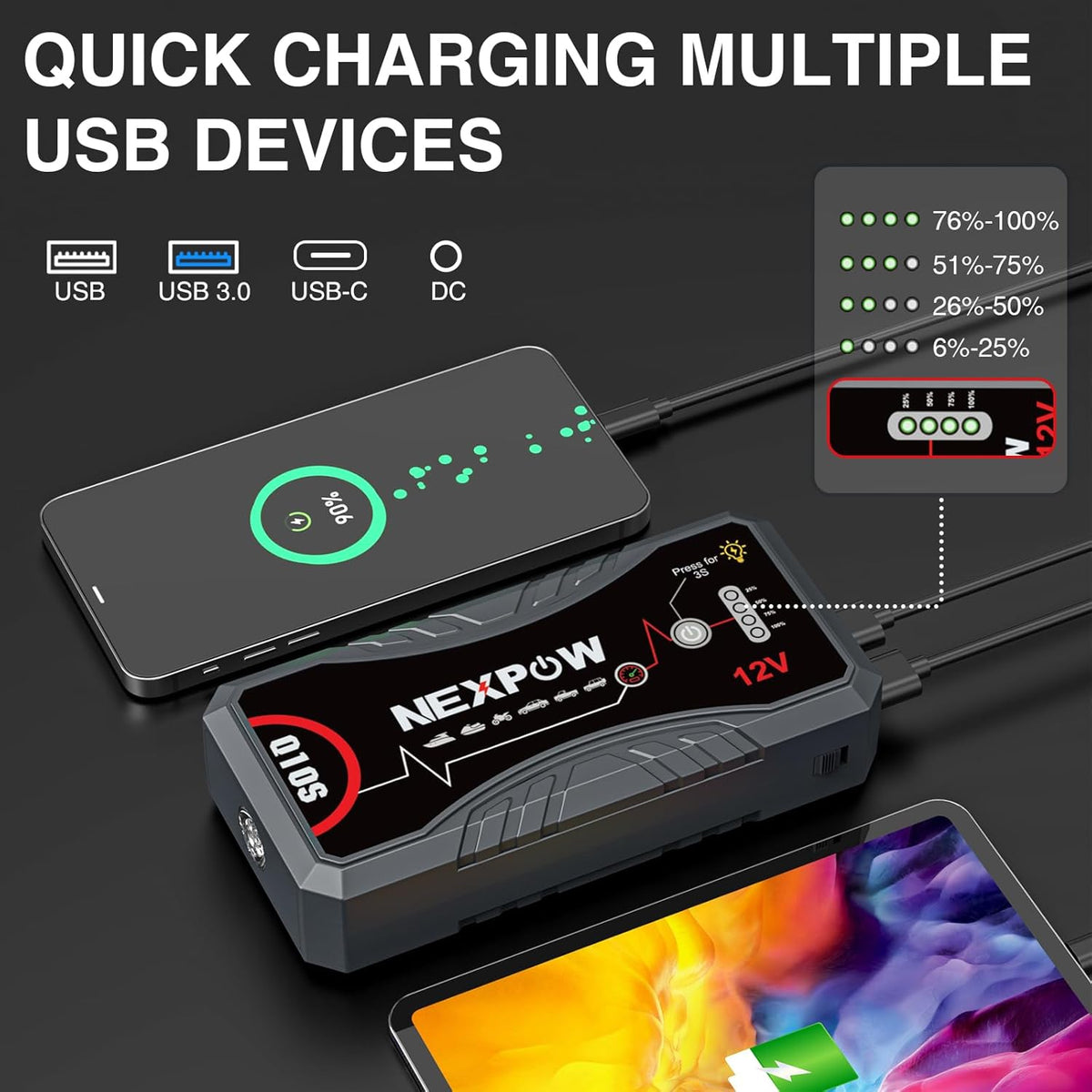 NEXPOW Car Jump Starter 2026 Upgraded Car Battery Jump Starter Pack 3000A Peak for Up to 9.0L Gas and 7.0L Diesel Engine 12V Auto Battery starter Jumper Cables Portable Lithium Jump Box with USB QC3.0