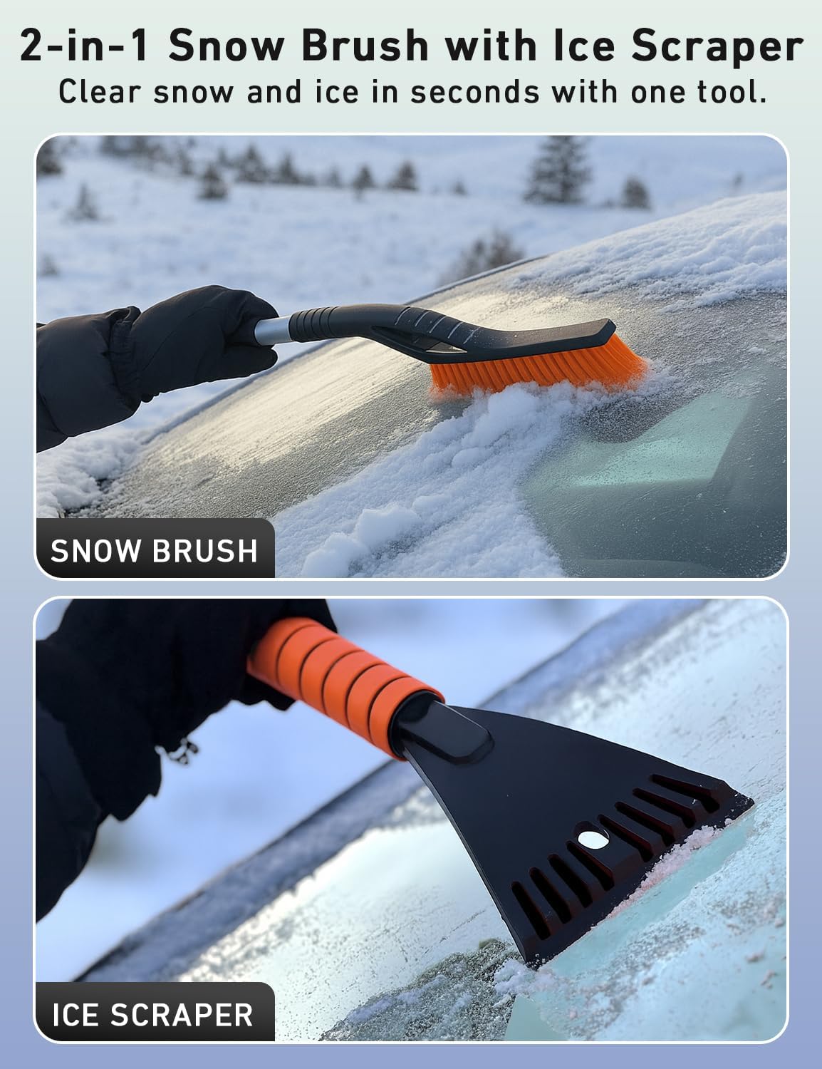 EcoNour 27" Aluminum Ice Scrapers for Car Windshield | Car Snow Scraper Window and Snow Brush with Ergonomic Foam Grip Winter Accessories (Orange)