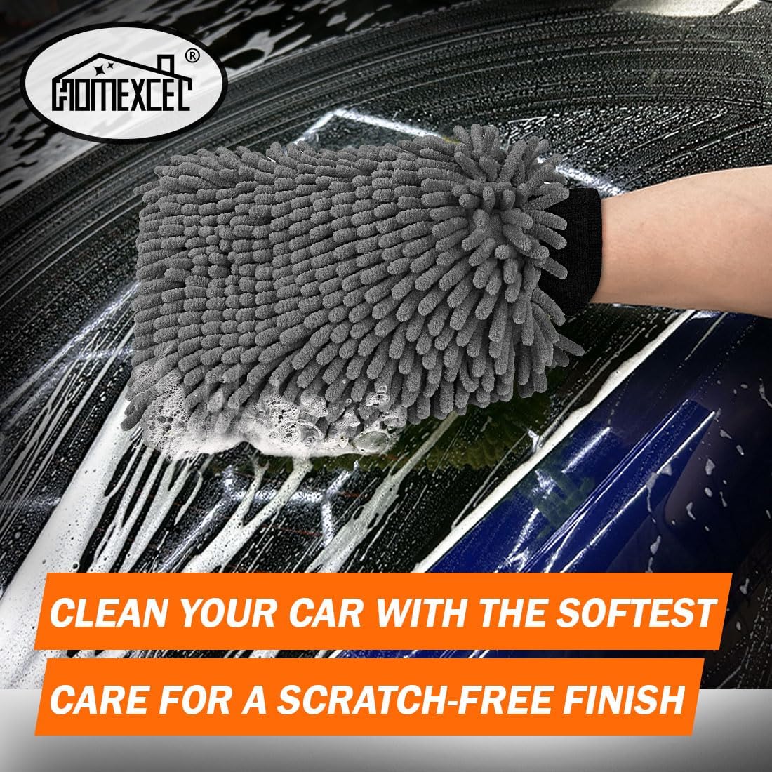 HOMEXCEL Car Wash Mitt, 2PK Chenille Microfiber Wash Mitt, Scratch-Free & Lint-Free, Rich Foam, Highly Absorbent, Double Sided, Perfect for Car Washing and Detailing, 10.2" x 6.7 ", Blue