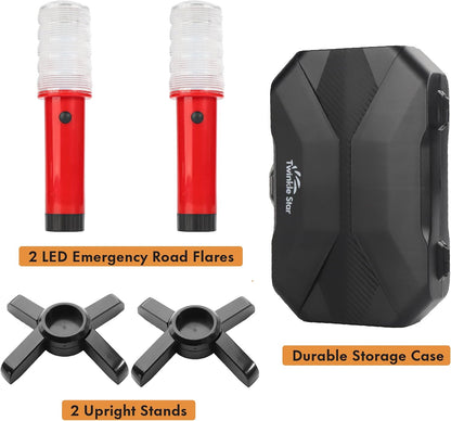 Twinkle Star LED Safety Strobe Road Warning Light, Set of 4 | Emergency Roadside Flares Kit, Highway Beacon Alert Flare, Magnetic Base, Detachable Stand, Solid Storage Case