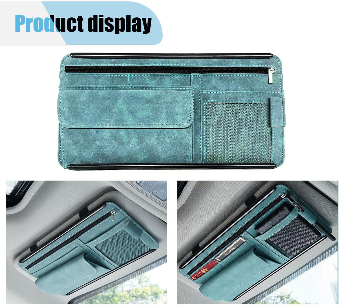 Suede Car Sun Visor Organizer with Multi-Pocket Net Zipper, Glasses Case, Sunglass Holder (Grey)