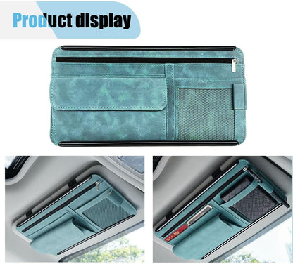 Suede Car Sun Visor Organizer with Multi-Pocket Net Zipper, Glasses Case, Sunglass Holder (Grey)