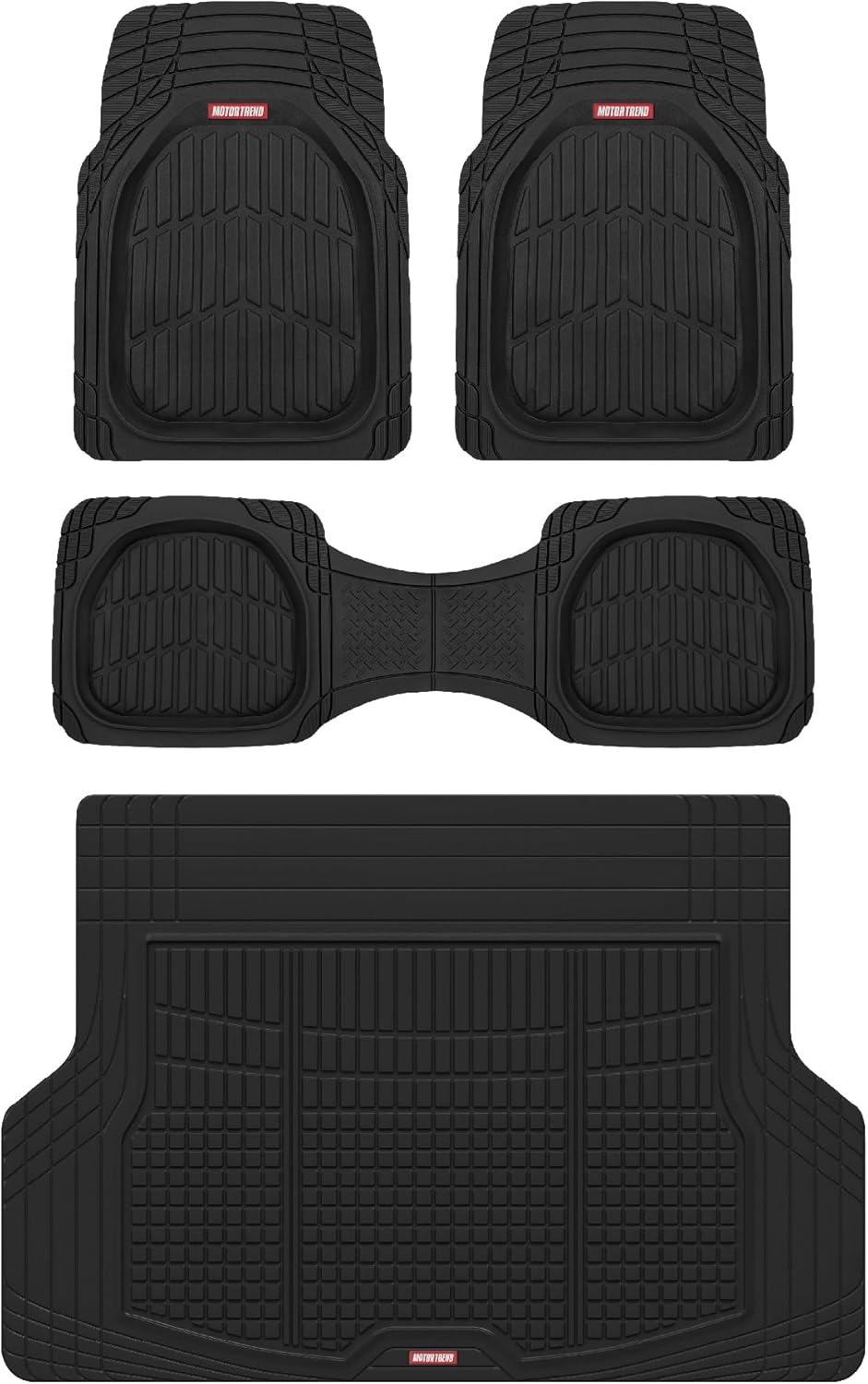 Motor Trend FlexTough 4-Piece Heavy Duty Floor Mats for Cars Trucks SUVs, Automotive Floor Mats Car Mats Full Set Front, Rear & Cargo, Trim-To-Fit Semi-Custom Deep Dish All Weather Rubber Mats - Black