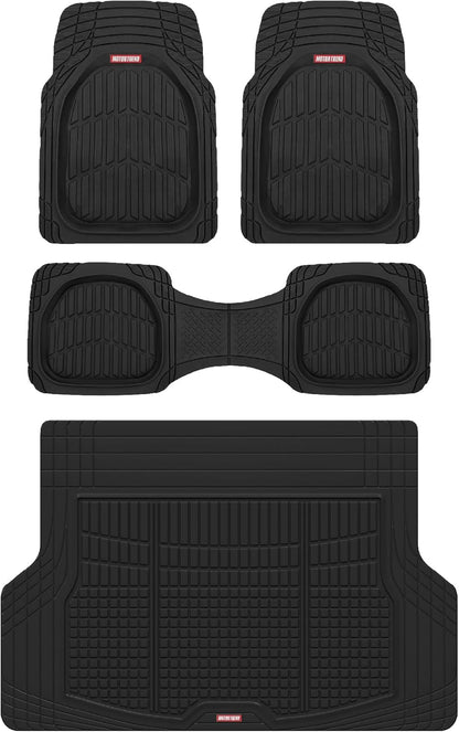 Motor Trend FlexTough 4-Piece Heavy Duty Floor Mats for Cars Trucks SUVs, Automotive Floor Mats Car Mats Full Set Front, Rear & Cargo, Trim-To-Fit Semi-Custom Deep Dish All Weather Rubber Mats - Black