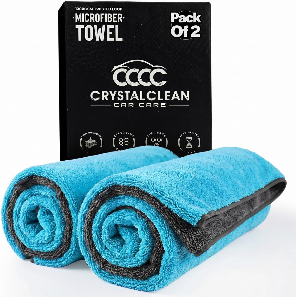 Crystal Clean 1300GSM Car Drying Towel - XL (24x36) Microfiber Towels for Cars with Double Twisted Loop, Professional Detailing Towel for Car Detailers - Quick Dry, Paint Safe & Swirl-Free