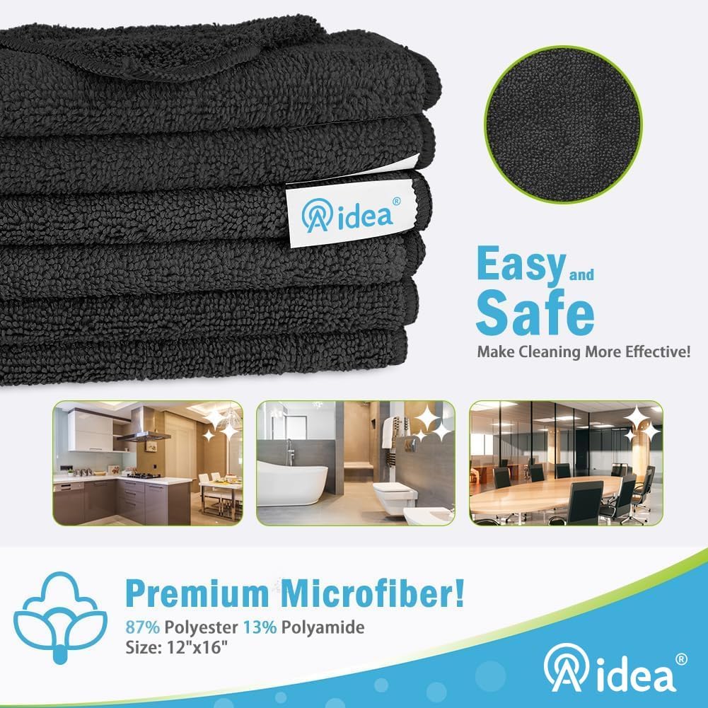 AIDEA Microfiber Cleaning Cloth-12PK, Soft Microfiber Towels for Cars, Absorbent Cleaning Rags, Lint-Free Streak-Free Wash Cloths for House, Kitchen, Window(12in.x12in), Black