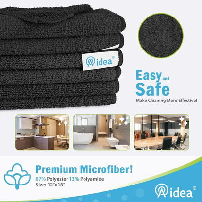 AIDEA Microfiber Cleaning Cloth-12PK, Soft Microfiber Towels for Cars, Absorbent Cleaning Rags, Lint-Free Streak-Free Wash Cloths for House, Kitchen, Window(12in.x12in), Black