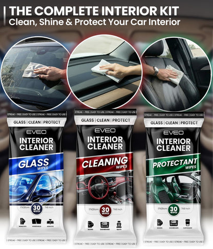 EVEO Car Wipes Interior Cleaning Kit -3-in-1 Car Cleaning Wipes Car Interior Wipes | Interior Car Wipes, Car Cleaning Kit Interior & Exterior - Protectant, Glass and Cleaning All Surfaces (90 Wipes)