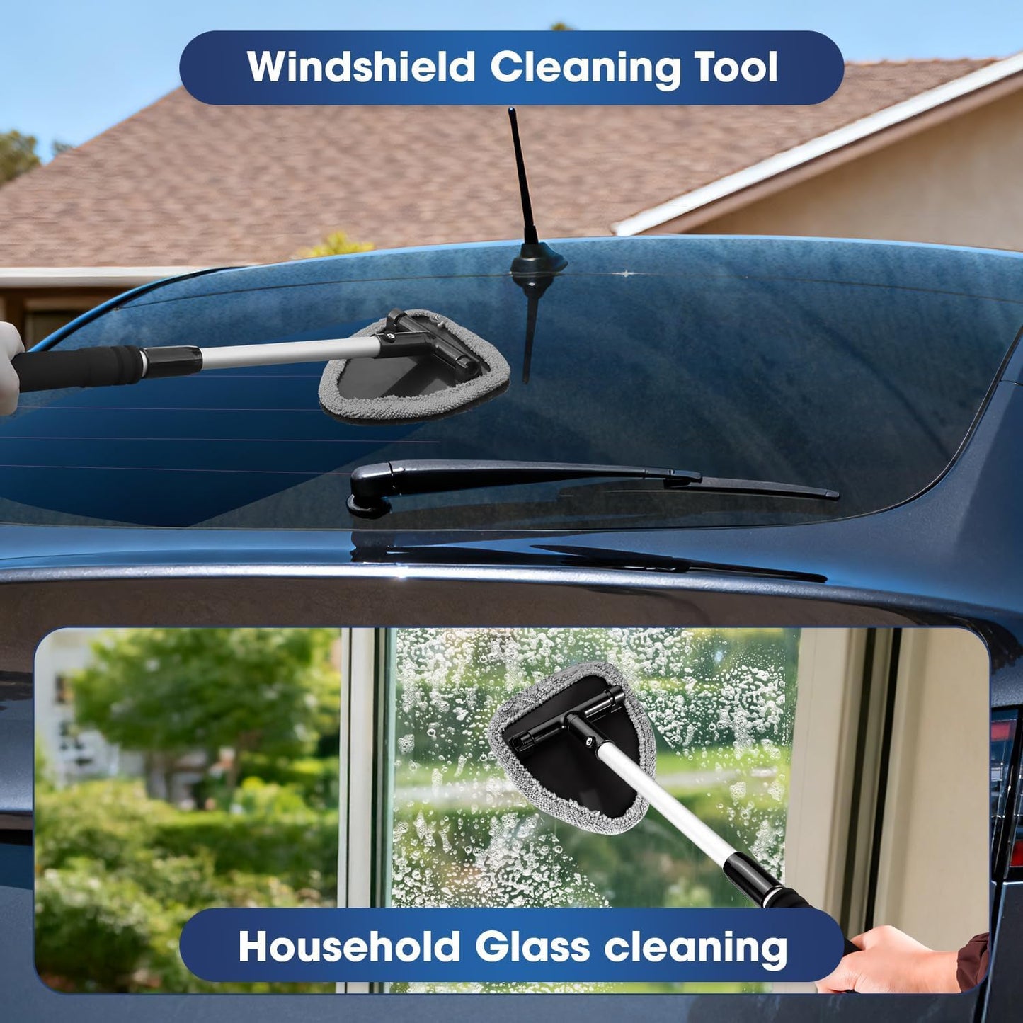 Windshield Cleaner Tool, Car Interior Cleaning Kit with Extendable Handle and 3 Reusable Microfiber Pads, Auto Glass Wiper and Detailing Brush Kit for Car & Home Window, Blue