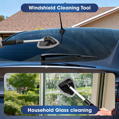 Windshield Cleaner Tool, Car Interior Cleaning Kit with Extendable Handle and 3 Reusable Microfiber Pads, Auto Glass Wiper and Detailing Brush Kit for Car & Home Window, Blue