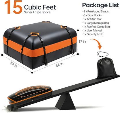 Car Rooftop Cargo Carrier Bag, 15 Cubic Feet Waterproof Heavy Duty Roof Bag with 8 Reinforced Straps & Combination Lock, Soft Shell PVC Car Top Luggage Carrier for SUV Truck RV, Travel Camping Storage