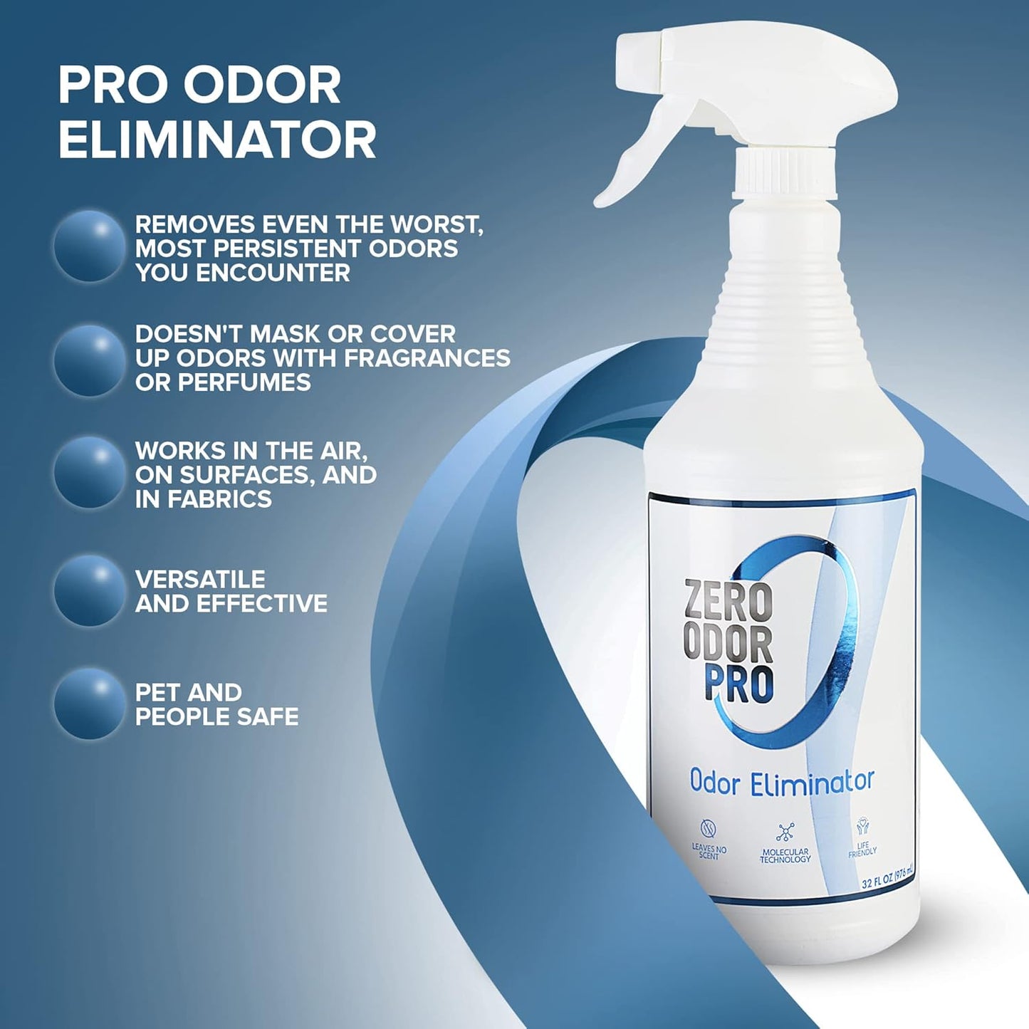 Zero Odor Pro Commercial Strength Odor Eliminator, Room Deodorizer and Air Freshener, Trigger Spray, 32 oz, White/Blue