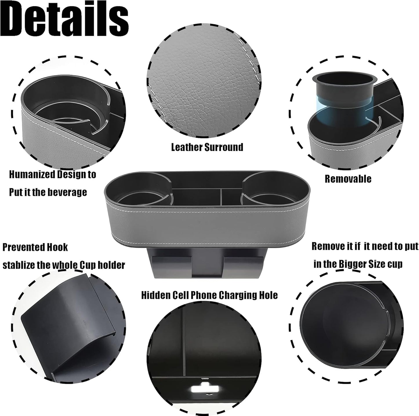 IOKONE Car Cup Holder, Auto Cup Drink Holders，Multifunctional Auto Front Seat Organizer with PU Leather Cover, Gap Filler Storage Box Coin Bucket Console Side Pocket Cell Mobile Phone Holder (Black)
