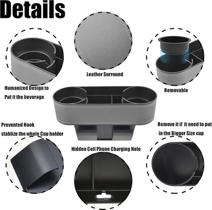 IOKONE Car Cup Holder, Auto Cup Drink Holders，Multifunctional Auto Front Seat Organizer with PU Leather Cover, Gap Filler Storage Box Coin Bucket Console Side Pocket Cell Mobile Phone Holder (Black)