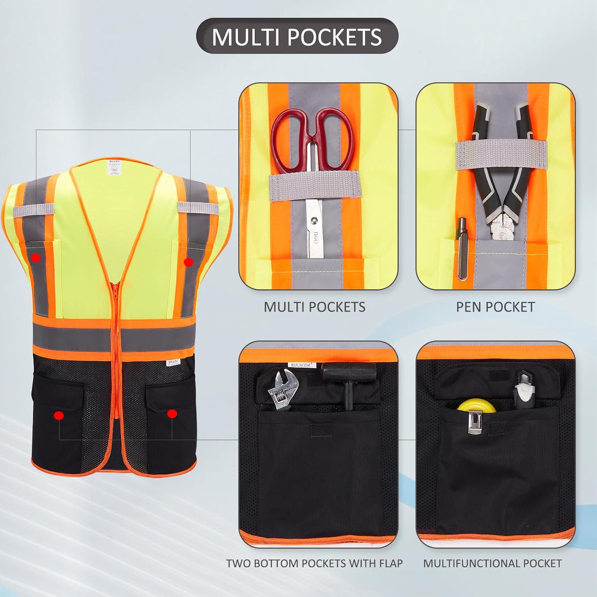 High Visibility Reflective Safety Vest with Zipper and Pockets Orange,M