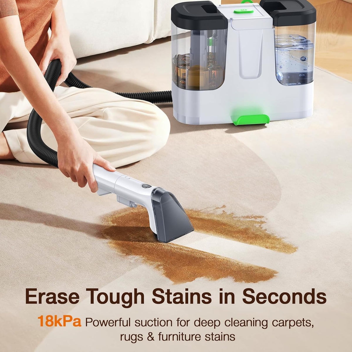 Portable Carpet & Upholstery Cleaner, 18Kpa Carpet Cleaner Machine for Deep Stain Removal, Spot Cleaner for Pet Accidents, Area Rugs, Stairs, Car Upholstery & Couches, Includes Tools & Self-Cleaning