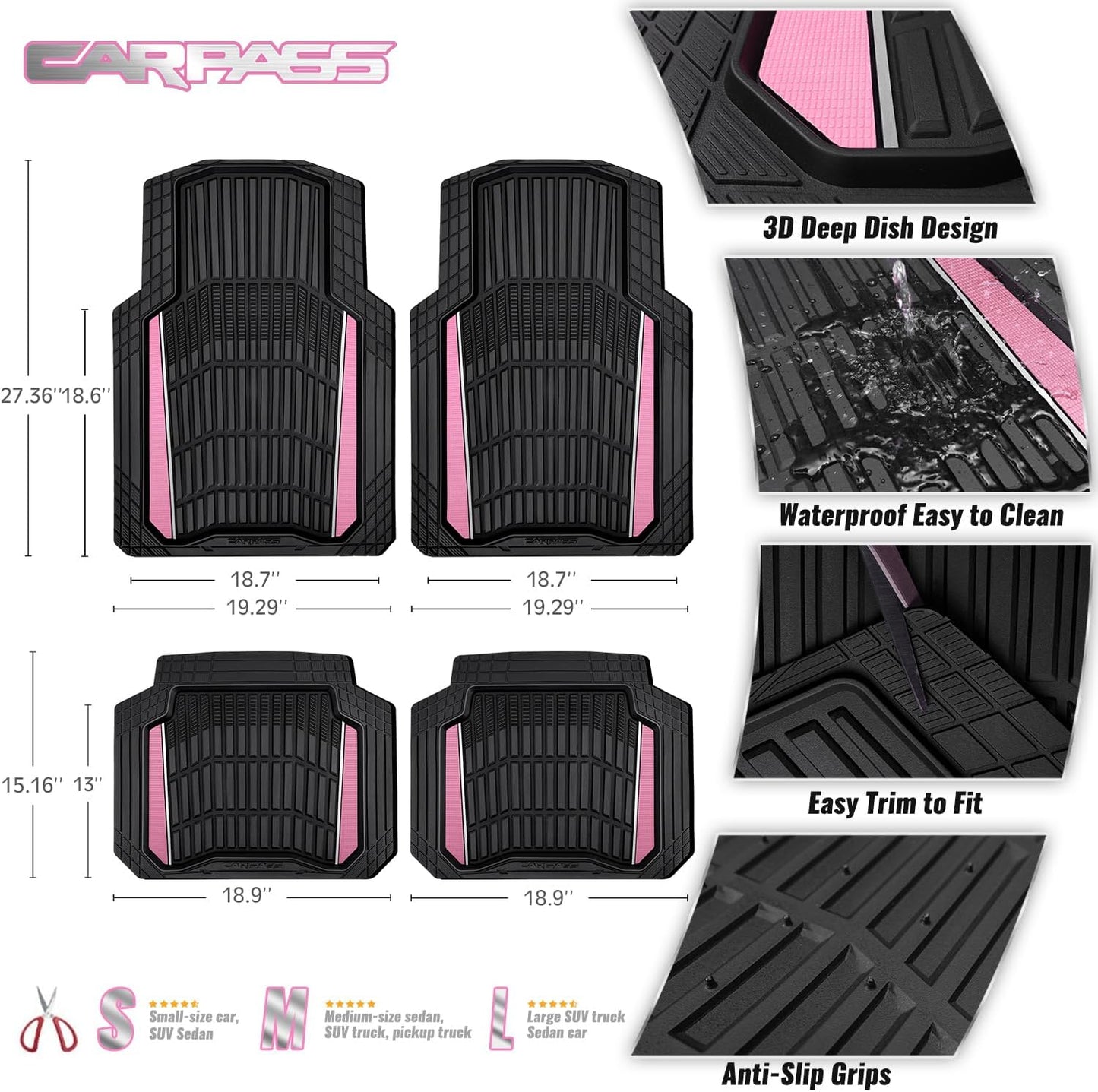 CAR PASS Heavy Duty Rubber Car Floor Mats, Deep Waterproof Car Floor Mats All Weather, Aluminum Film Floor Mats for Cars Non-Slip Universal Trim to Fit for SUVs Trucks Sedans Vans, Black Grey Metallic