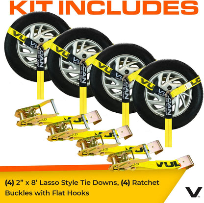 VULCAN Car Tie Down with Flat Hooks - Lasso Style - 2 Inch x 96 Inch - 4 Pack - Silver Series - 3,300 Pound Safe Working Load