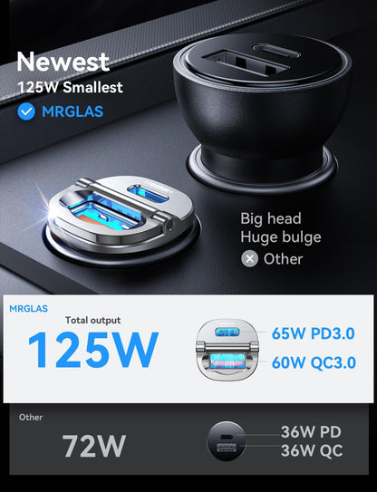 【Upgraded】 125W Car Charger USB C Super Fast Charging, [PD65W & QC60W][All Metal] MRGLAS Cigarette Lighter Car Charger, Car Electrical Accessories for iPhone 17 Pro Max iPad Samsung S26 S25 Pixel 10