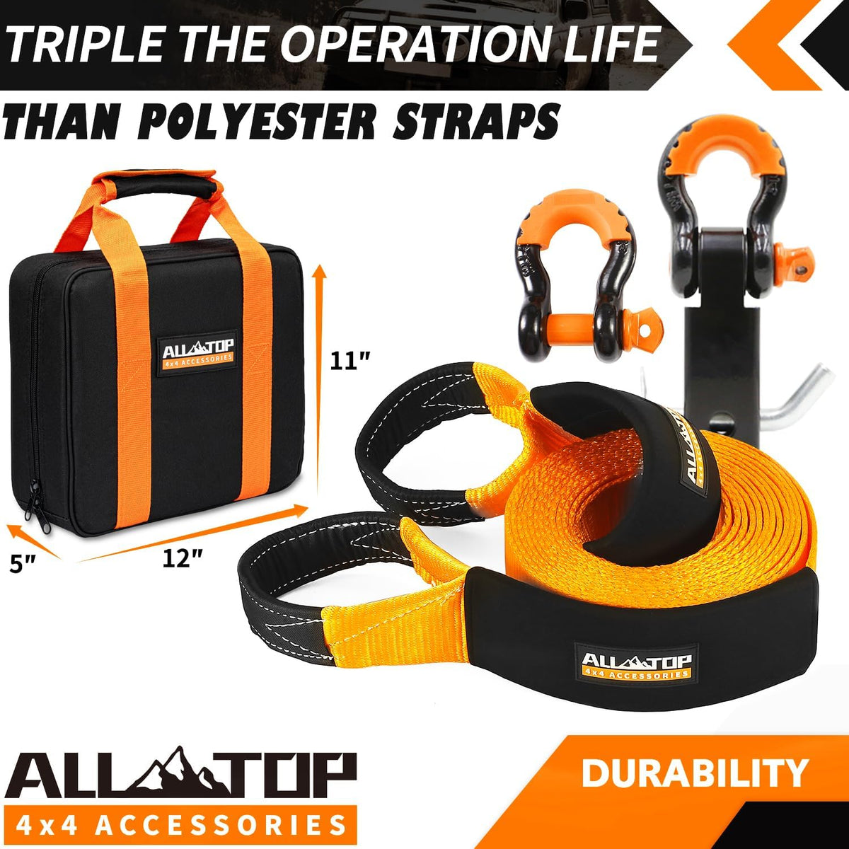 ALL-TOP Heavy Duty Tow Strap Recovery Kit: 3 inch x 20ft (35,000lbs) 100% Nylon and 22% Elongation Snatch Strap + 3/4 Heavy Duty D Ring Shackles (2pcs) + Storage Bag