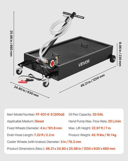 VEVOR Low Profile Oil Drain Pan, 17 Gal Capacity, Rolling Oil Drain Pan with 110V High-Flow Electric Pump, 7.2 ft Hose & T Folding Handle, Leak-proof & Corrosion-resistant, Fit for Trucks, ATVs, Black