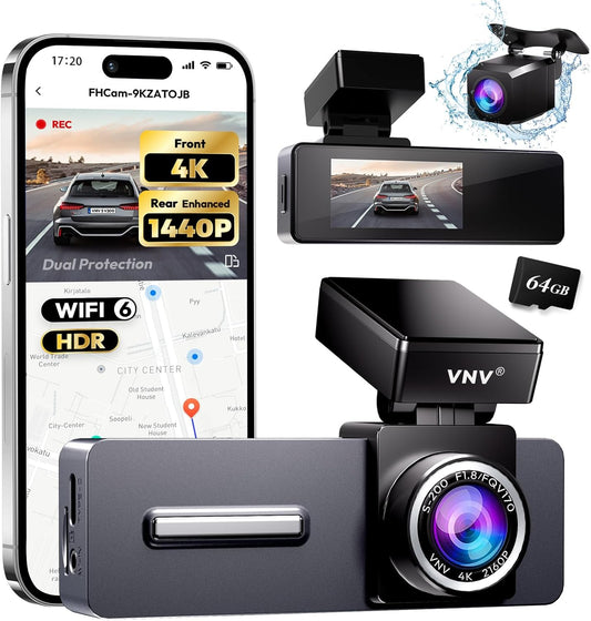 VNV 4K+2.5K Dash Cam Front and Rear, GalaxyCore Sensor, Free 64GB Card Included, Built-in WiFi App Control, Dash Camera for Cars with WDR Night Vision,170°Wide Angle, 24H Parking Mode, 2" IPS, S-V200