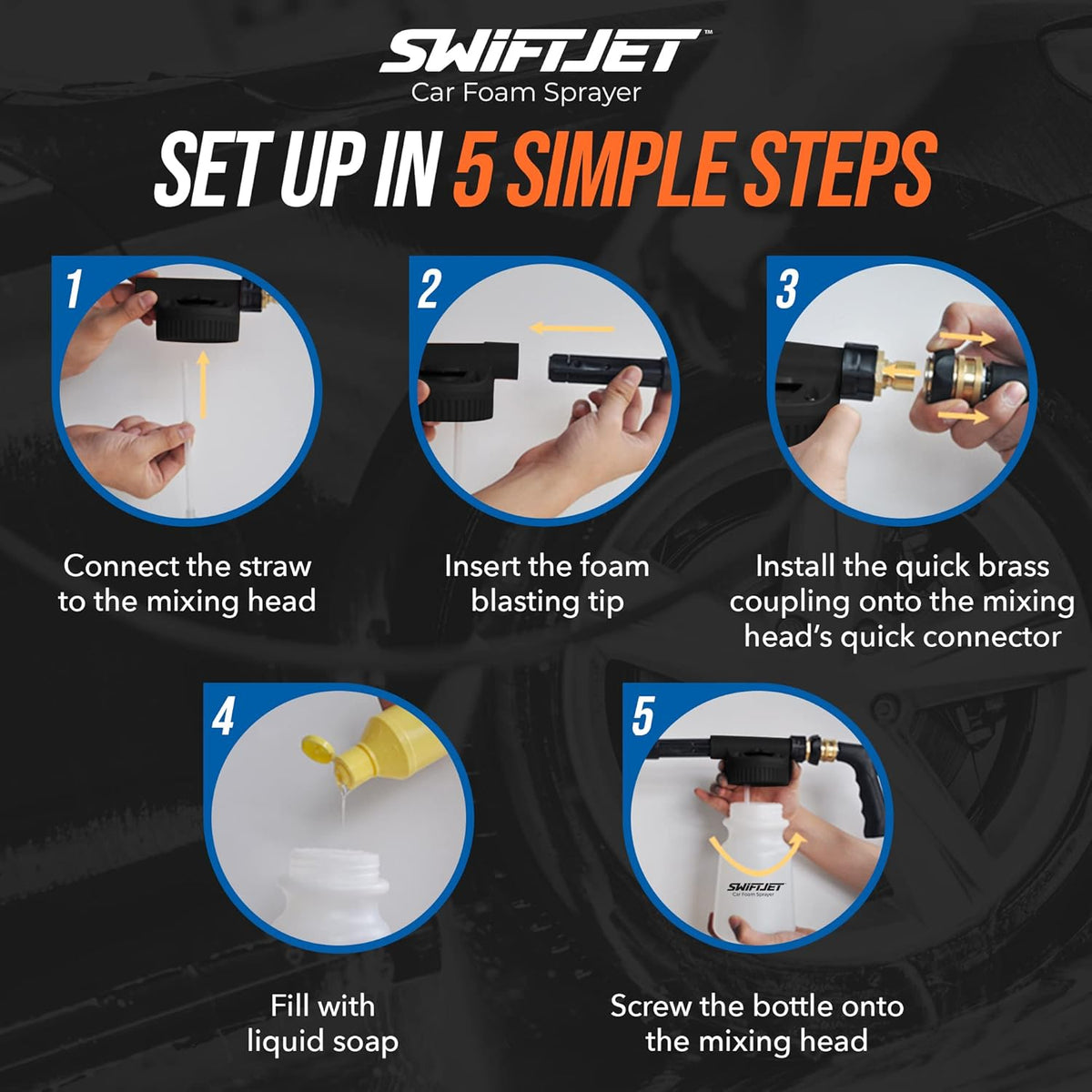 SwiftJet Car Wash Foam Gun + Microfiber Wash Mitt - Foam Cannon Works with Any Soap - Garden Hose Car Foam Sprayer - Car Wash Kit - Car Accessories Foam Blaster (Orange Foam Gun with Mitt)