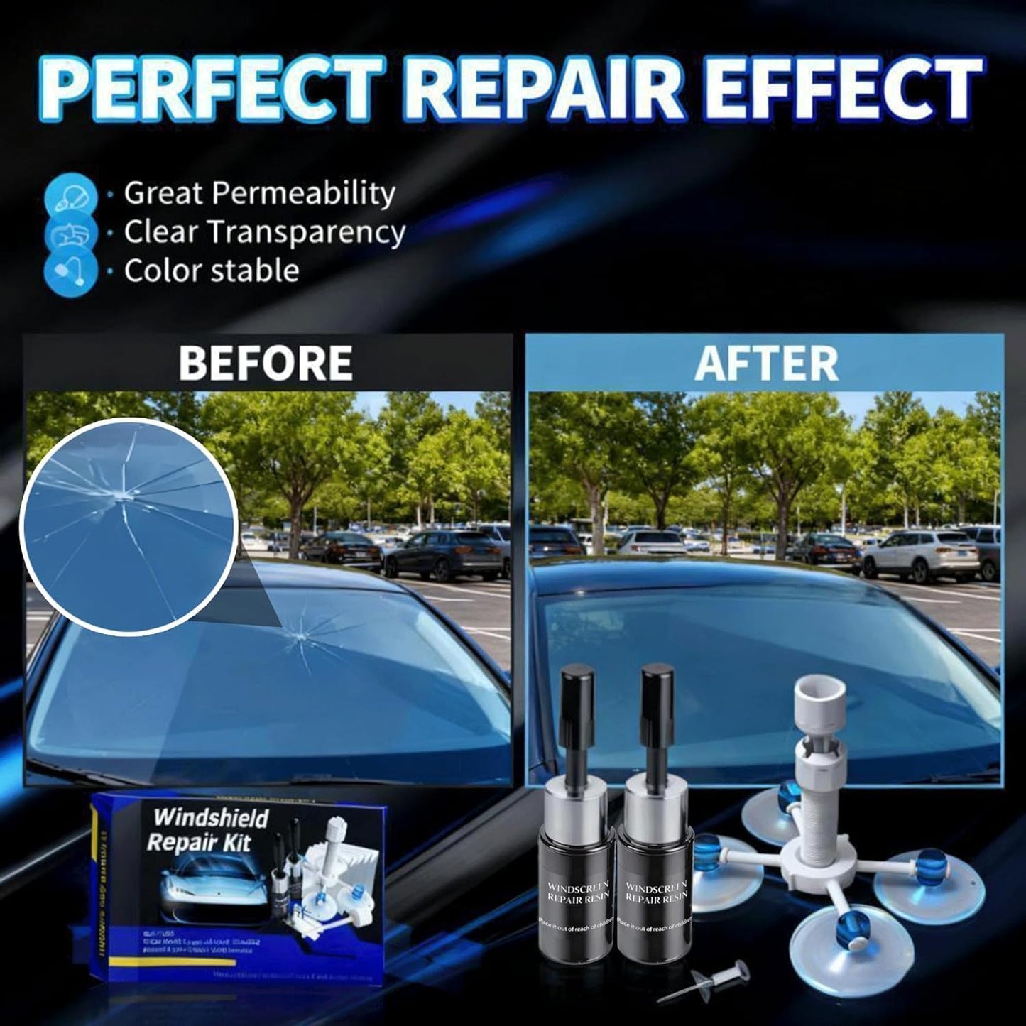 Windshield Repair Kit, Windshield Crack Repair Kit,2 Pcs Car Glass Repair Kit Quick Fix for Chips & Cracks, Windshield Chip Repair Kit, Automotive Nano Fluid（Blue）